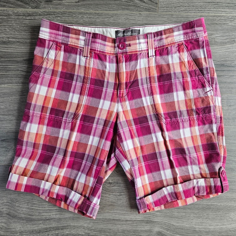 Eddie Bauer Women's Plaid Bermuda Shorts Pink Orange 100% Cotton Size 6